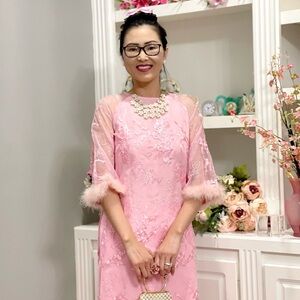 ao dai cach tan suong, new Vietnamese modern contemporary long dress se m 2 pink